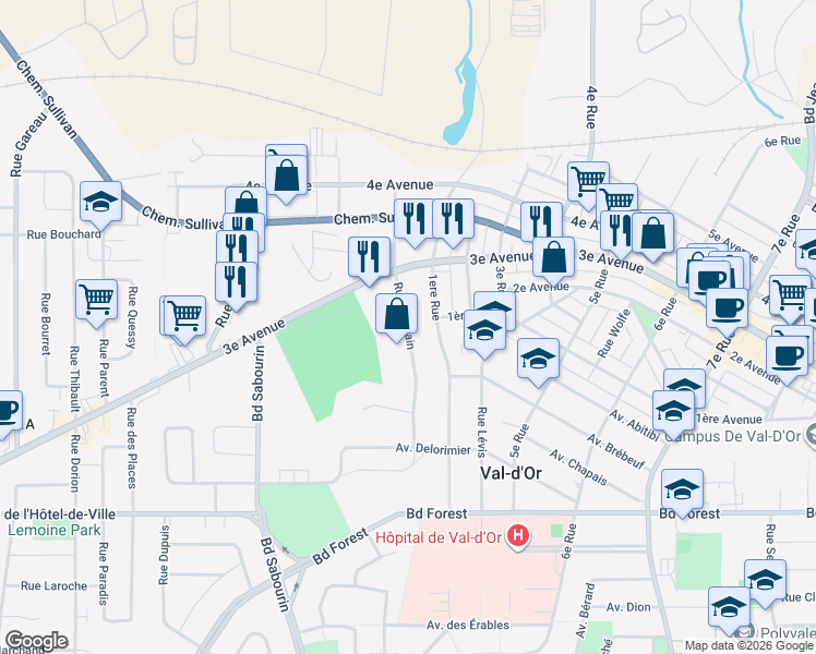 map of restaurants, bars, coffee shops, grocery stores, and more near Rue Germain in Val-d'Or
