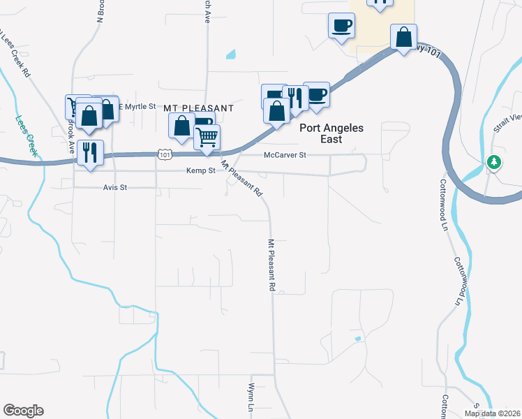 map of restaurants, bars, coffee shops, grocery stores, and more near 245 Mount Pleasant Road in Port Angeles