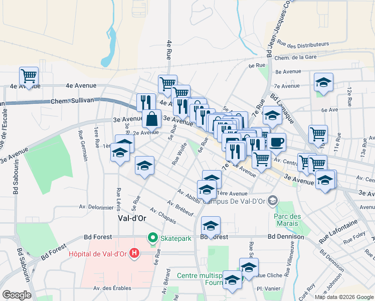 map of restaurants, bars, coffee shops, grocery stores, and more near 115 Rue Montcalm in Val-d'Or