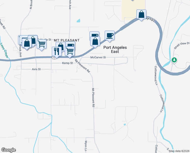map of restaurants, bars, coffee shops, grocery stores, and more near 245 Mount Pleasant Road in Port Angeles