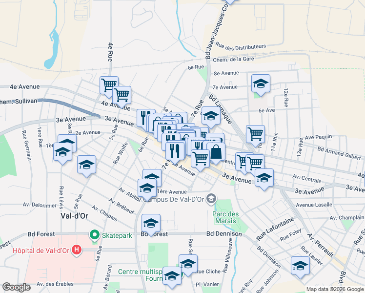 map of restaurants, bars, coffee shops, grocery stores, and more near 814 3e Avenue in Val-d'Or