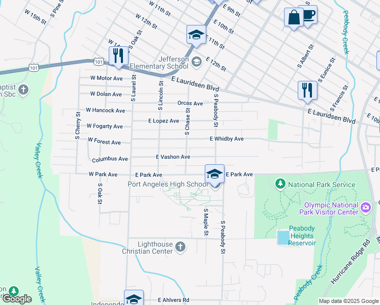 map of restaurants, bars, coffee shops, grocery stores, and more near 234 East Whidby Avenue in Port Angeles