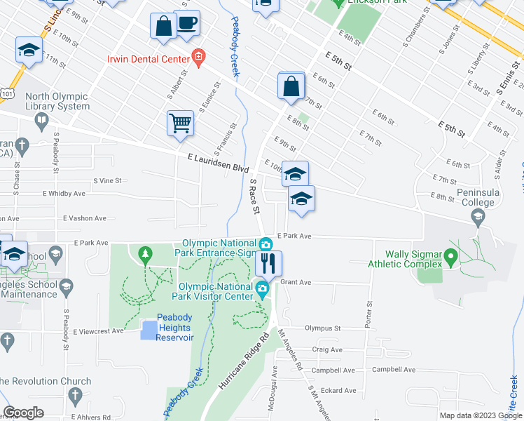 map of restaurants, bars, coffee shops, grocery stores, and more near 1119 South Race Street in Port Angeles