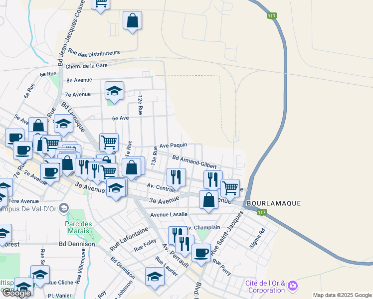 map of restaurants, bars, coffee shops, grocery stores, and more near 288 15e Rue in Val-d'Or