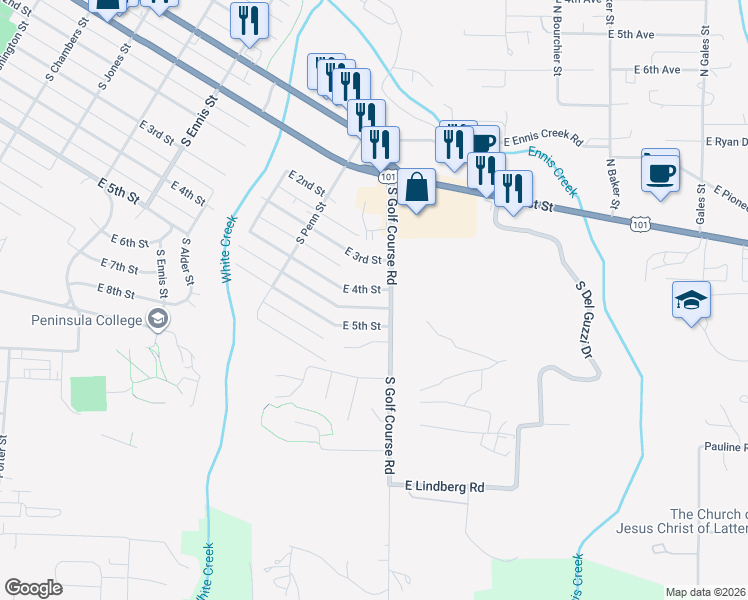 map of restaurants, bars, coffee shops, grocery stores, and more near 1813 East 4th Street in Port Angeles