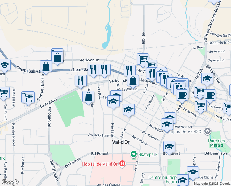 map of restaurants, bars, coffee shops, grocery stores, and more near 1200 1ère Avenue in Val-d'Or