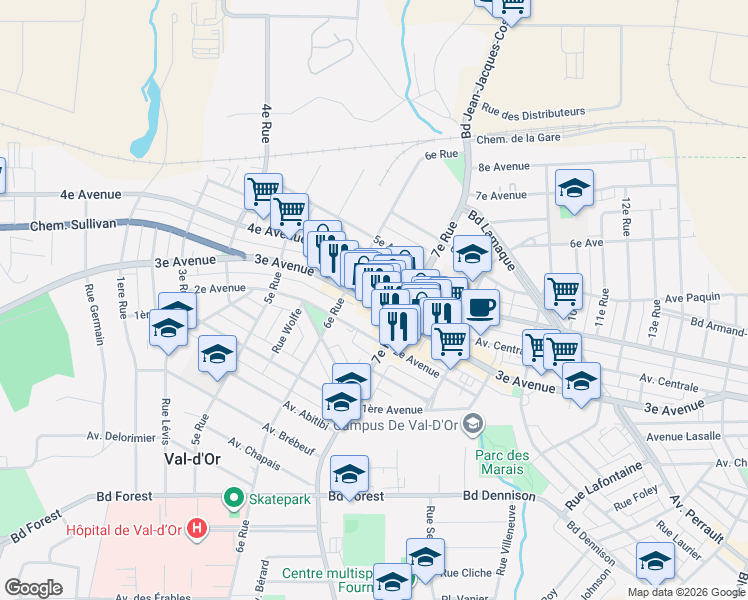 map of restaurants, bars, coffee shops, grocery stores, and more near 866 3e Avenue in Val-d'Or