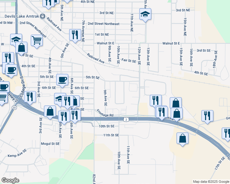 map of restaurants, bars, coffee shops, grocery stores, and more near 602 West Agassiz Circle Southeast in Devils Lake