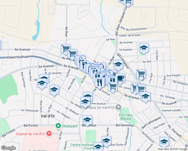 map of restaurants, bars, coffee shops, grocery stores, and more near 866 3e Avenue in Val-d'Or