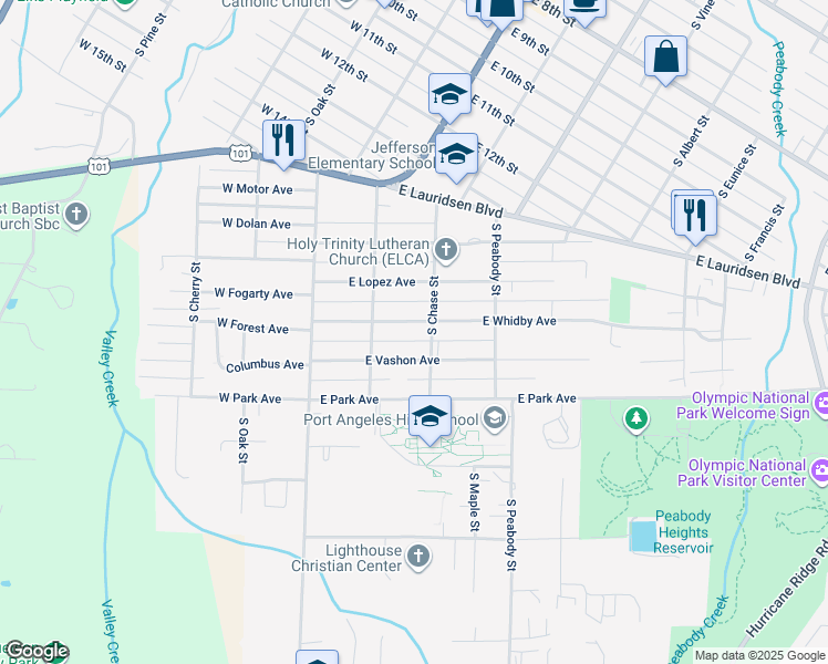 map of restaurants, bars, coffee shops, grocery stores, and more near 234 East Whidby Avenue in Port Angeles