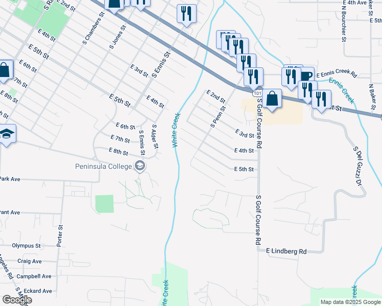 map of restaurants, bars, coffee shops, grocery stores, and more near 512 South Penn Street in Port Angeles