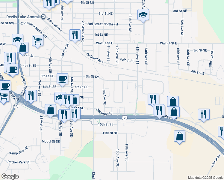 map of restaurants, bars, coffee shops, grocery stores, and more near 602 West Agassiz Circle Southeast in Devils Lake