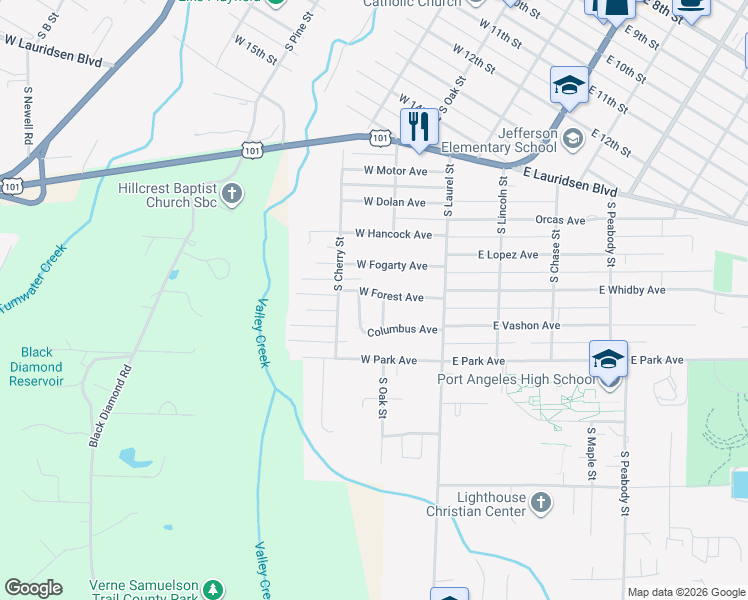map of restaurants, bars, coffee shops, grocery stores, and more near 2504 South Oak Street in Port Angeles