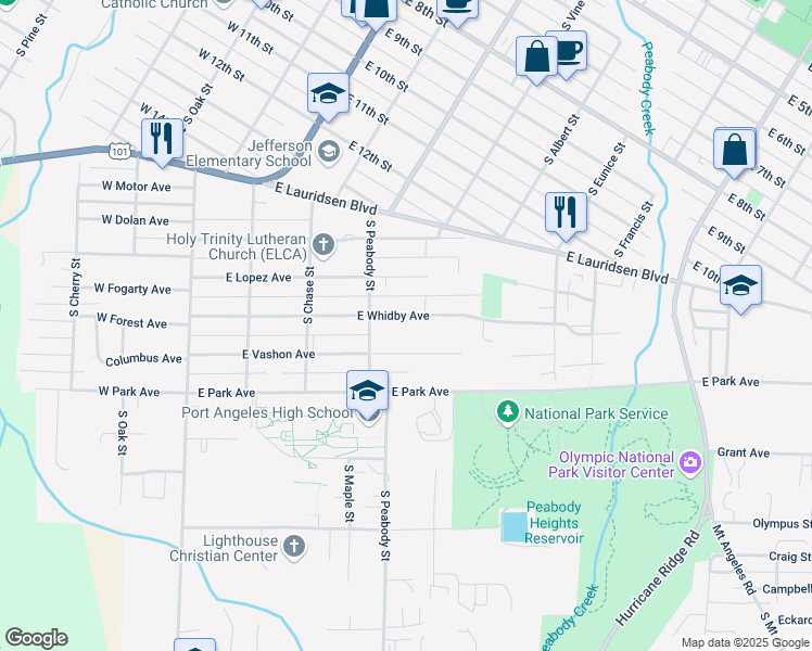 map of restaurants, bars, coffee shops, grocery stores, and more near 436 East Whidby Avenue in Port Angeles