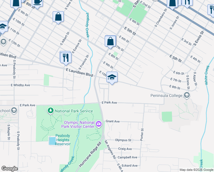 map of restaurants, bars, coffee shops, grocery stores, and more near 937 East Bryson Avenue in Port Angeles