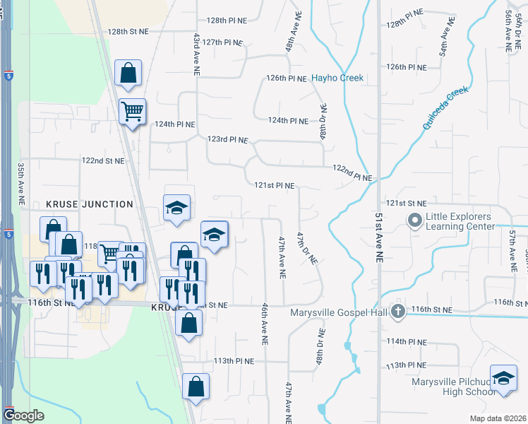 map of restaurants, bars, coffee shops, grocery stores, and more near 12012 46th Drive Northeast in Marysville