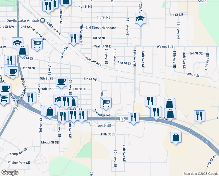map of restaurants, bars, coffee shops, grocery stores, and more near 602 West Agassiz Circle Southeast in Devils Lake