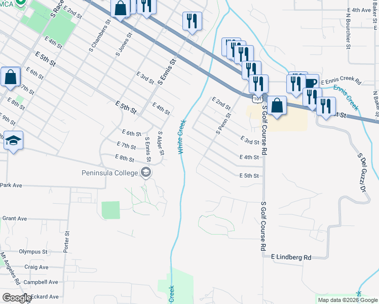 map of restaurants, bars, coffee shops, grocery stores, and more near 1620 East 5th Street in Port Angeles