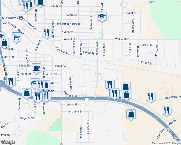 map of restaurants, bars, coffee shops, grocery stores, and more near 501 12th Avenue Southeast in Devils Lake