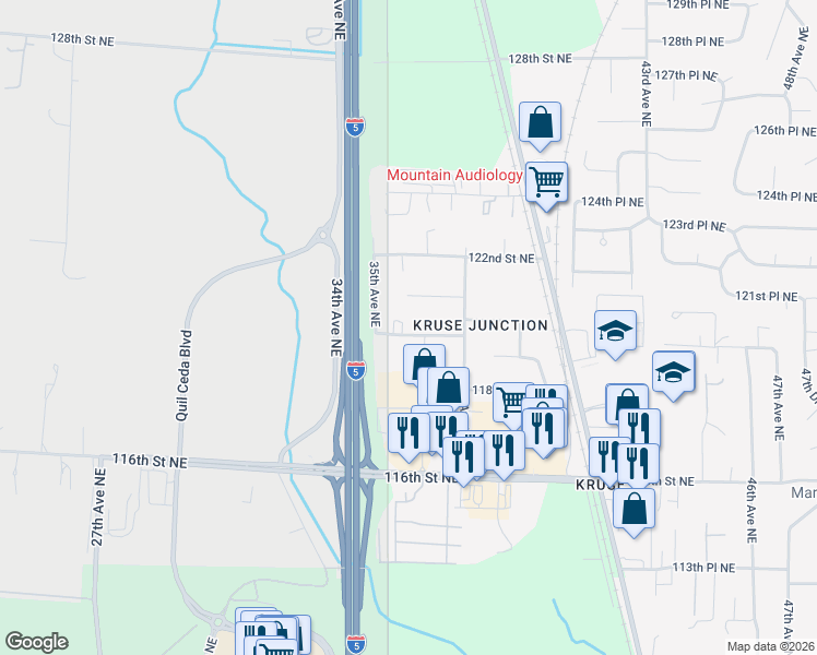 map of restaurants, bars, coffee shops, grocery stores, and more near 3603 120th Street Northeast in Marysville