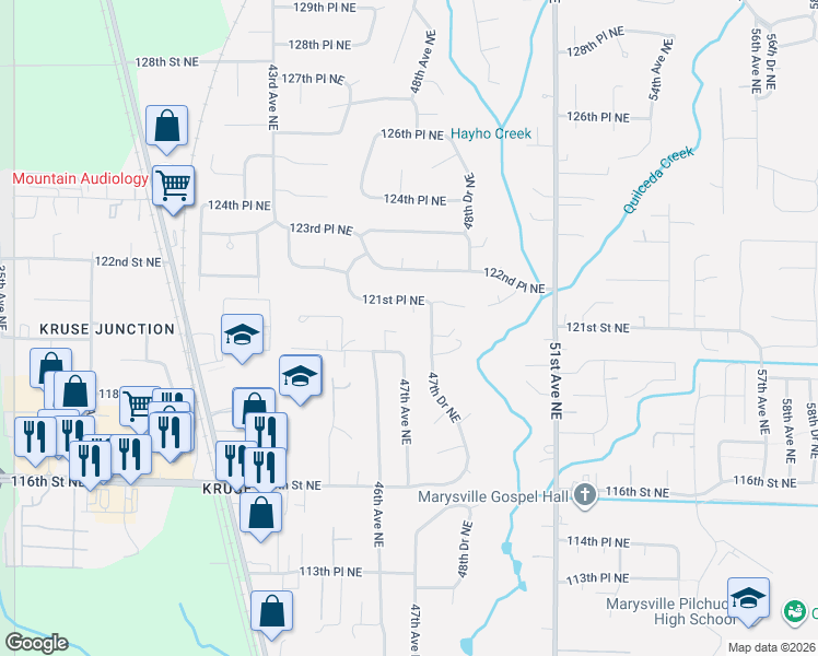 map of restaurants, bars, coffee shops, grocery stores, and more near 12011 46th Drive Northeast in Marysville