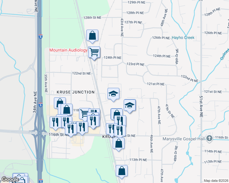 map of restaurants, bars, coffee shops, grocery stores, and more near 11923 Smokey Point Boulevard in Marysville