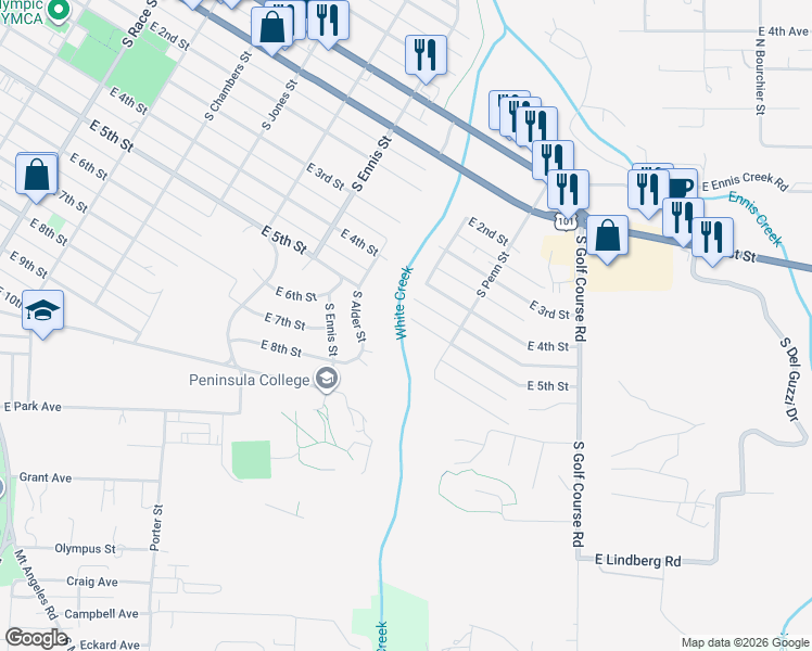 map of restaurants, bars, coffee shops, grocery stores, and more near 1620 East 5th Street in Port Angeles