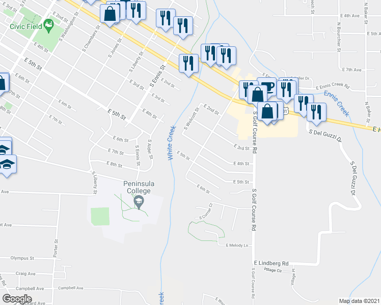 map of restaurants, bars, coffee shops, grocery stores, and more near 1627 East 5th Street in Port Angeles