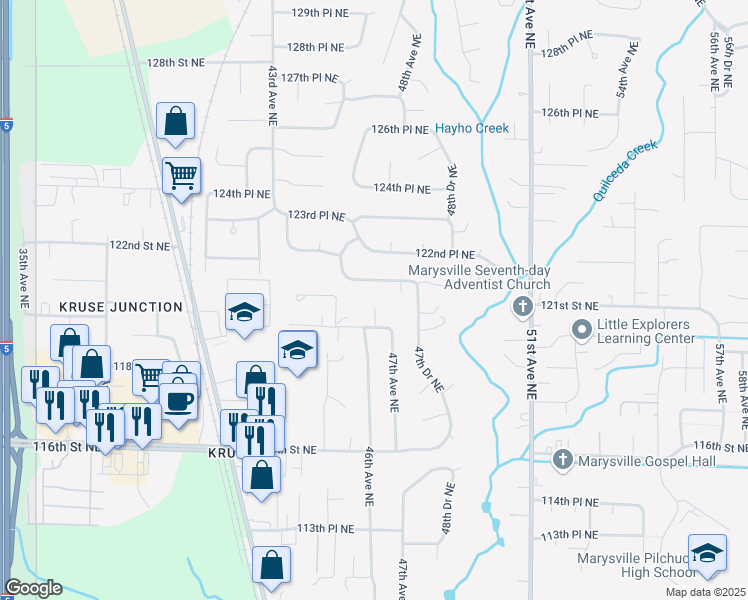 map of restaurants, bars, coffee shops, grocery stores, and more near 12012 46th Drive Northeast in Marysville