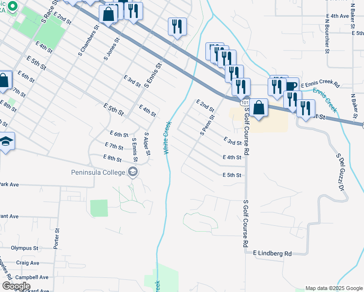 map of restaurants, bars, coffee shops, grocery stores, and more near 512 South Penn Street in Port Angeles