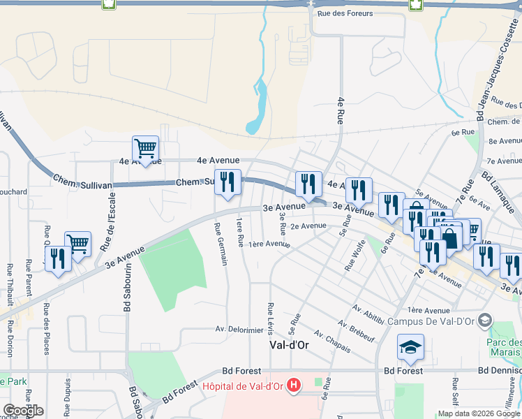 map of restaurants, bars, coffee shops, grocery stores, and more near 1171 2e Rue in Val-d'Or