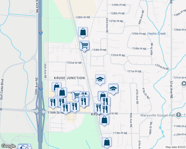map of restaurants, bars, coffee shops, grocery stores, and more near 12126 41st Avenue Northeast in Marysville
