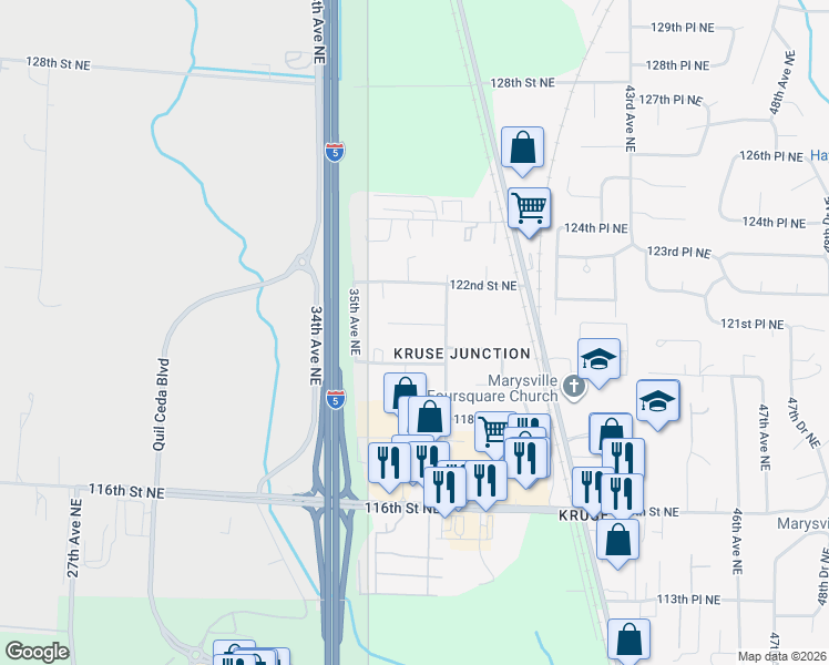 map of restaurants, bars, coffee shops, grocery stores, and more near 12106 38th Avenue Northeast in Marysville