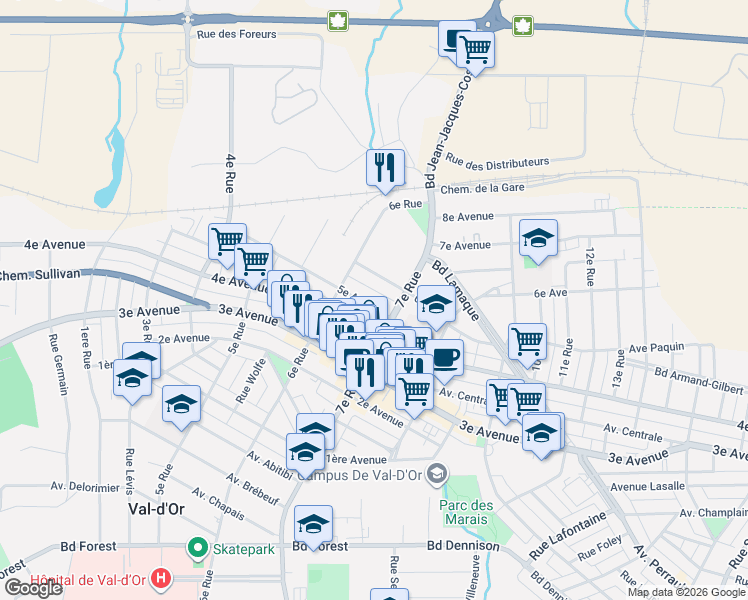 map of restaurants, bars, coffee shops, grocery stores, and more near 858 5e Avenue in Val-d'Or