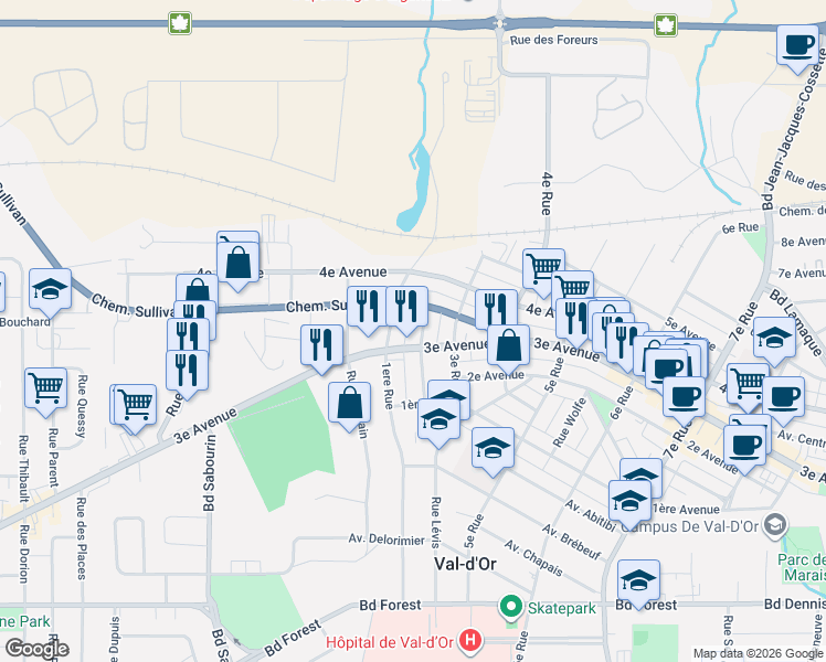 map of restaurants, bars, coffee shops, grocery stores, and more near 1171 2e Rue in Val-d'Or