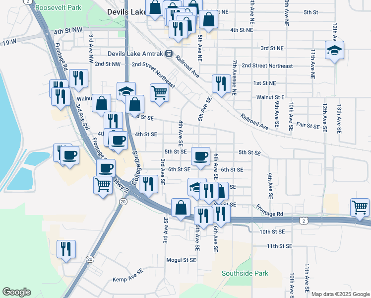 map of restaurants, bars, coffee shops, grocery stores, and more near 405 5th Street Southeast in Devils Lake