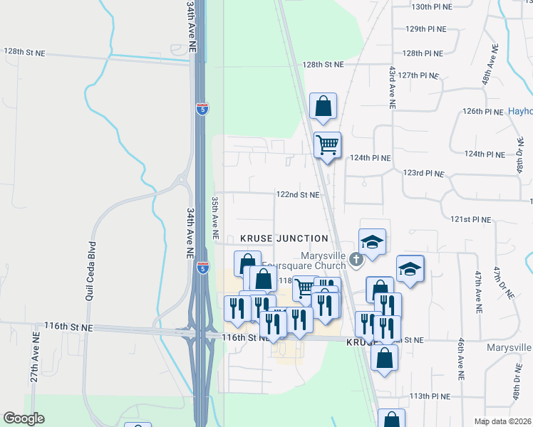 map of restaurants, bars, coffee shops, grocery stores, and more near 12106 38th Avenue Northeast in Marysville