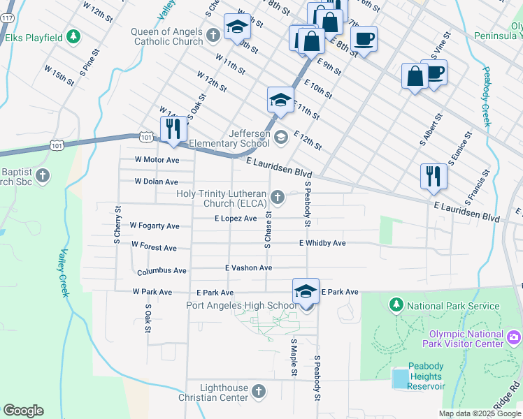 map of restaurants, bars, coffee shops, grocery stores, and more near 2316 South Chase Street in Port Angeles