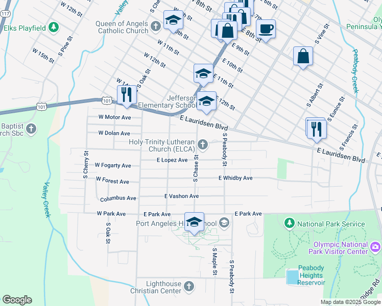 map of restaurants, bars, coffee shops, grocery stores, and more near 2316 South Chase Street in Port Angeles