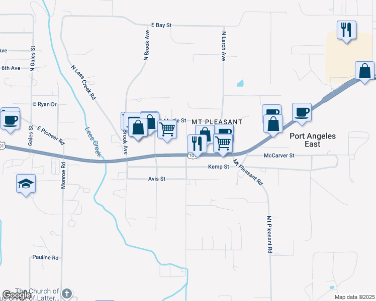 map of restaurants, bars, coffee shops, grocery stores, and more near 2909 East Highway 101 in Port Angeles
