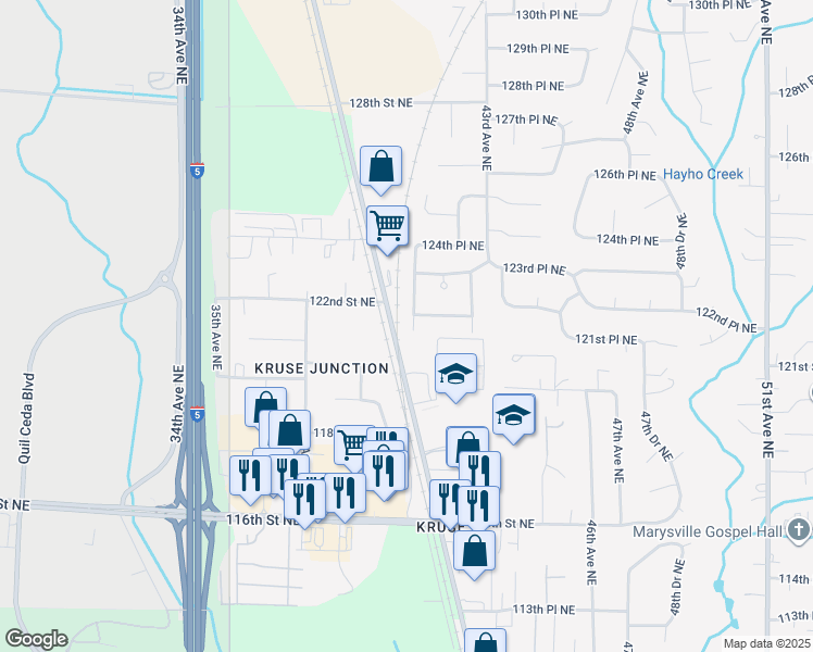 map of restaurants, bars, coffee shops, grocery stores, and more near 12126 41st Avenue Northeast in Marysville