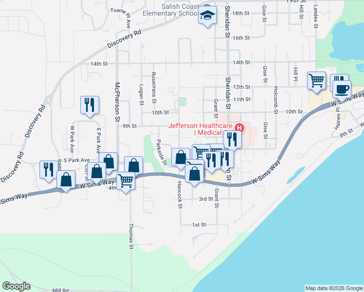 map of restaurants, bars, coffee shops, grocery stores, and more near 1584 7th Street in Port Townsend