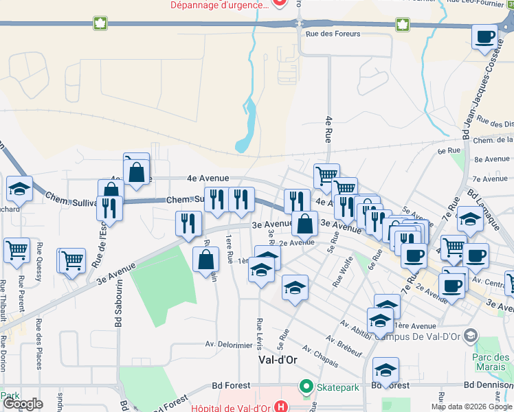 map of restaurants, bars, coffee shops, grocery stores, and more near 1211 Chemin Sullivan in Val-d'Or