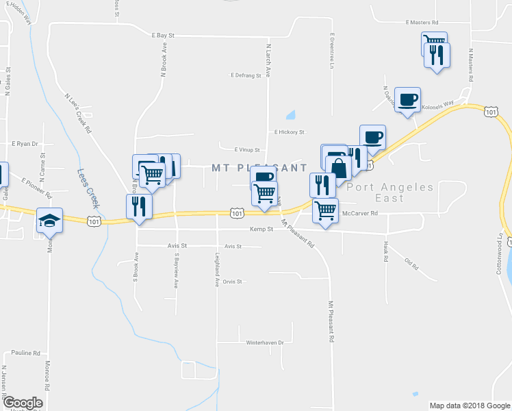 map of restaurants, bars, coffee shops, grocery stores, and more near 2947 East Highway 101 in Port Angeles