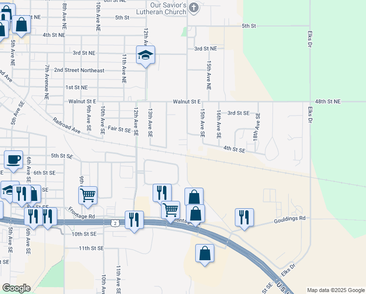 map of restaurants, bars, coffee shops, grocery stores, and more near 343 14th Avenue Southeast in Devils Lake