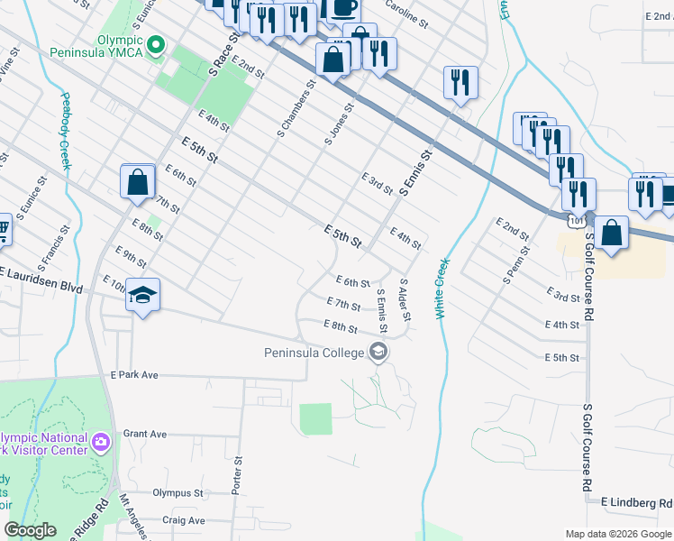 map of restaurants, bars, coffee shops, grocery stores, and more near 1309 East 6th Street in Port Angeles