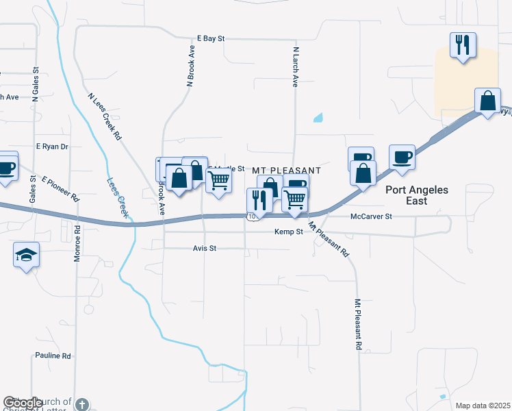 map of restaurants, bars, coffee shops, grocery stores, and more near 2909 East Highway 101 in Port Angeles