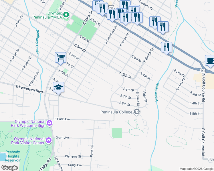 map of restaurants, bars, coffee shops, grocery stores, and more near 1225 East 7th Street in Port Angeles