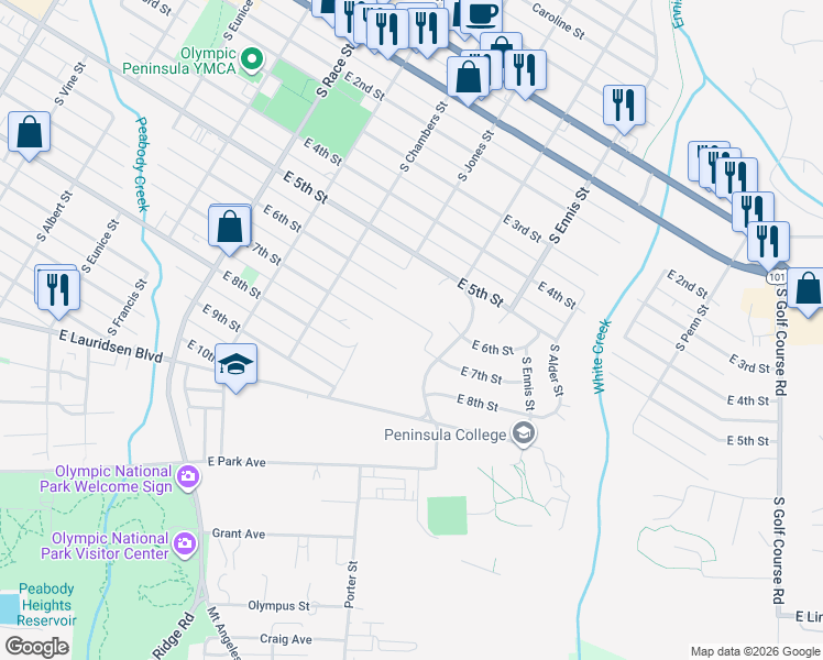 map of restaurants, bars, coffee shops, grocery stores, and more near 1225 East 7th Street in Port Angeles
