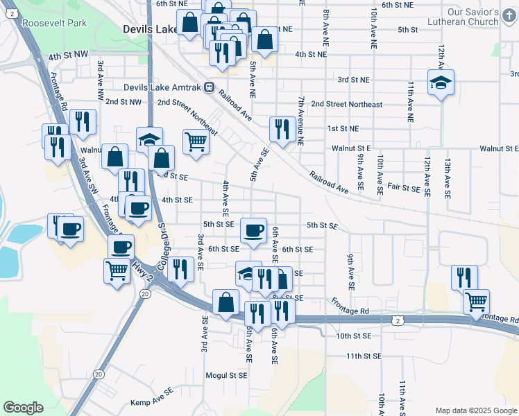 map of restaurants, bars, coffee shops, grocery stores, and more near 502 4th Street Southeast in Devils Lake